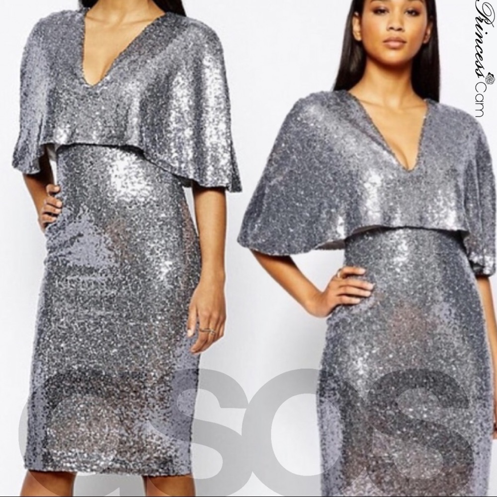 🤍❣️ASOS Platinum Sequins Cape Sleeve Pencil Dress